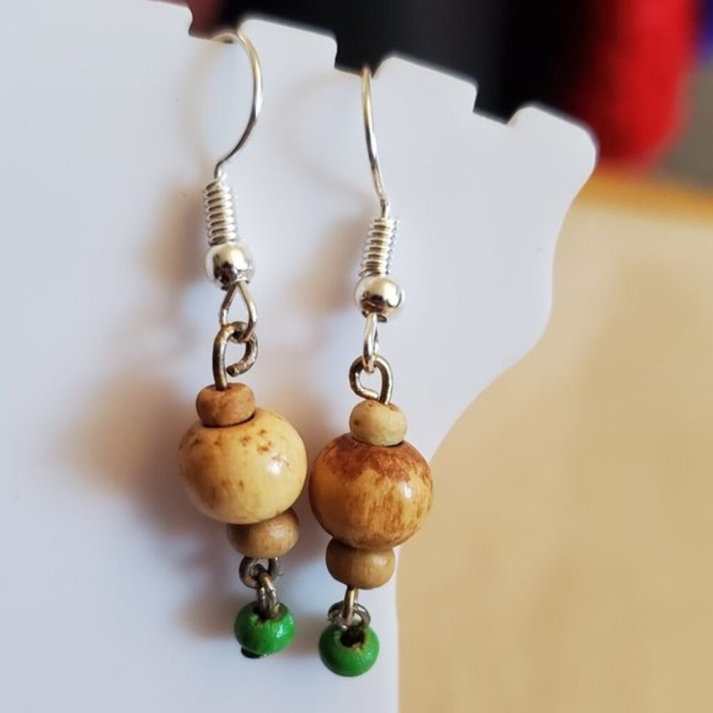 Silver Tone Hook Tan Wood Bead Dangle Earrings NWT